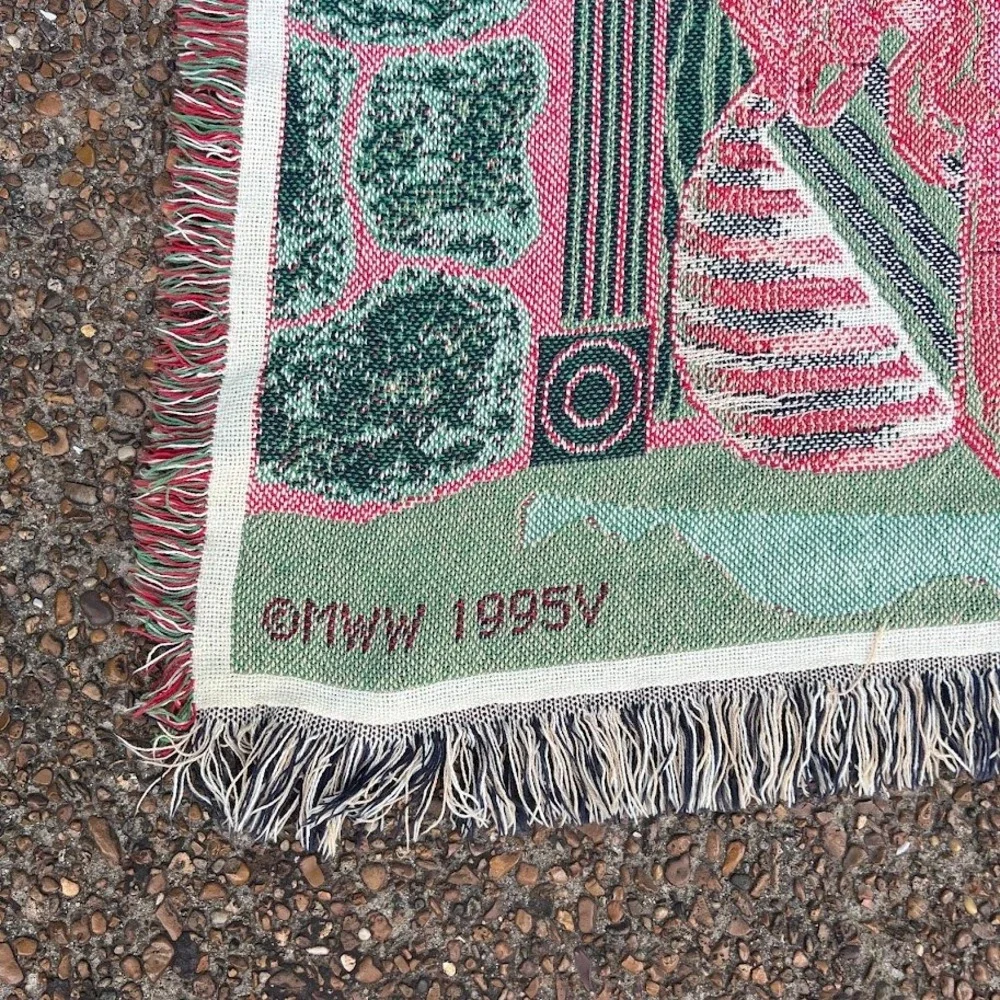 Vintage MWW 95' Christmas Cardinal Wreath Tapestry Throw Blanket Fringed Holiday
